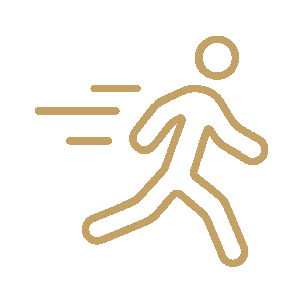 Icon of a running person with motion lines on a brown background.